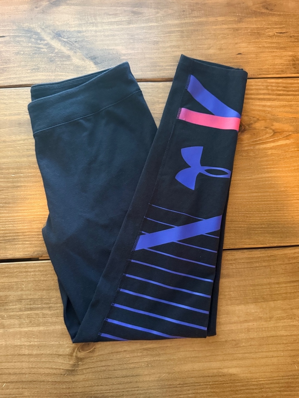 Under Armour Black Athletic Leggings with Purple and Pink Logo Detail, Youth XL